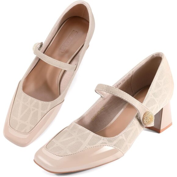 Women's Beige Square Toe Mary Jane Comfortable Closed Toe Chunky Block Heels - Picture 1 of 8